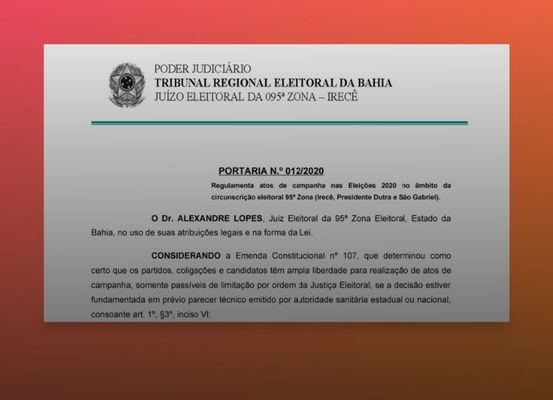 Justiça Eleitoral proíbe passeatas, comícios e caminhadas em Irecê, Presidente Dutra e São Gabriel